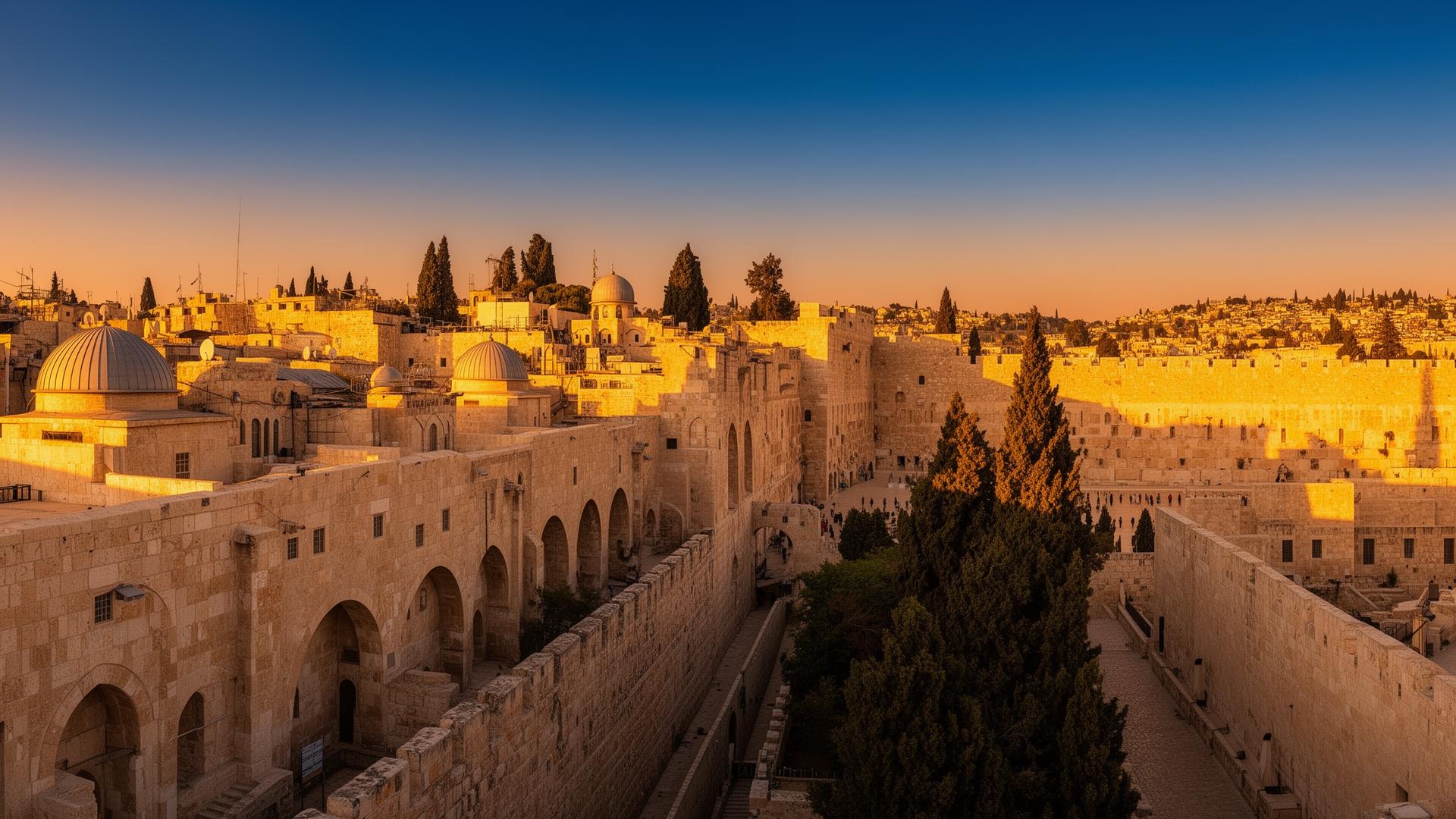Panoramic view of Jerusalem cityscape at golden hour